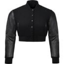 Premium Cropped or Crop Top  Varsity Letterman Jackets For Women | Wool & Leather Sleeves - Black and Black Sleeves