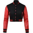 Premium Cropped or Crop Top  Varsity Letterman Jackets For Women | Wool & Leather Sleeves - Black & Red Sleeves