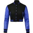 Premium Cropped or Crop Top  Varsity Letterman Jackets For Women | Wool & Leather Sleeves - Black & Blue Sleeves