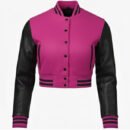 Premium Cropped or Crop Top  Varsity Letterman Jackets For Women | Wool & Leather Sleeves - Pink & Black Sleeves