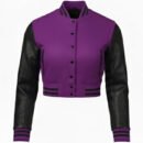 Premium Cropped or Crop Top  Varsity Letterman Jackets For Women | Wool & Leather Sleeves - Purple & Black Sleeves