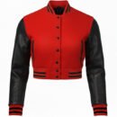 Premium Cropped or Crop Top  Varsity Letterman Jackets For Women | Wool & Leather Sleeves - Red & Black Sleeves