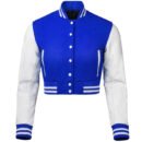 Premium Cropped or Crop Top  Varsity Letterman Jackets For Women | Wool & Leather Sleeves - Blue and White Sleeves
