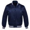 Satin Jacket Vintage Style Varsity Letterman Baseball Bomber Jacket - Navy Blue
